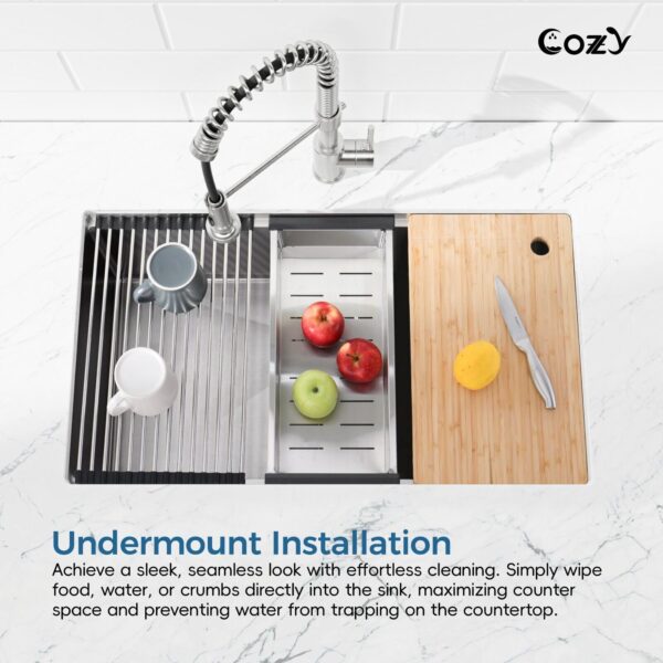 33″x19″ Stainless Steel Kitchen Sink, Single Bowl, Undermount Handmade Sink in Brushed, with Cutting Board, Colander, SS-BR07D-331908