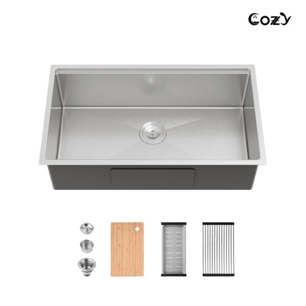 33″x19″ Stainless Steel Kitchen Sink, Single Bowl, Undermount Handmade Sink in Brushed, with Cutting Board, Colander, SS-BR07D-331908