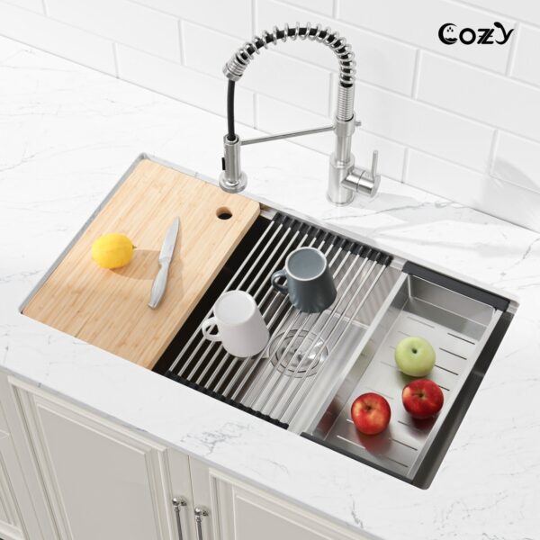 33″x19″ Stainless Steel Kitchen Sink, Single Bowl, Undermount Handmade Sink in Brushed, with Cutting Board, Colander, SS-BR07D-331908