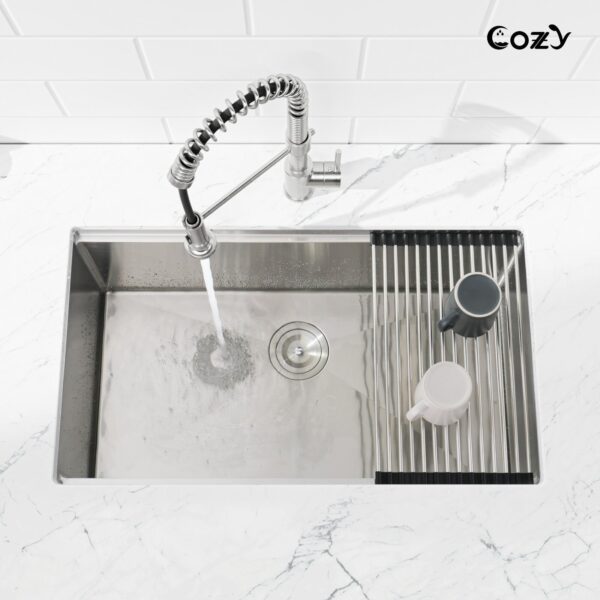 33″x19″ Stainless Steel Kitchen Sink, Single Bowl, Undermount Handmade Sink in Brushed, with Cutting Board, Colander, SS-BR07D-331908