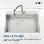 Stainless Steel Kitchen Sink, 33″x22″ Single Bowl, Overmount Handmade Sink in Black, with US Standard Drain and Hook,SS-BL02D-332212