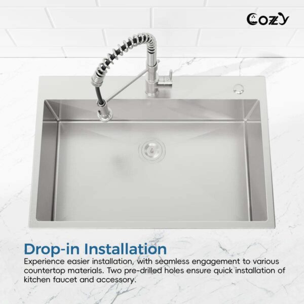 Stainless Steel Kitchen Sink, 33″x22″ Single Bowl, Overmount Handmade Sink in Black, with US Standard Drain and Hook,SS-BL02D-332212
