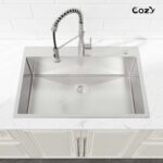 Stainless Steel Kitchen Sink, 33″x22″ Single Bowl, Overmount Handmade Sink in Black, with US Standard Drain and Hook,SS-BL02D-332212