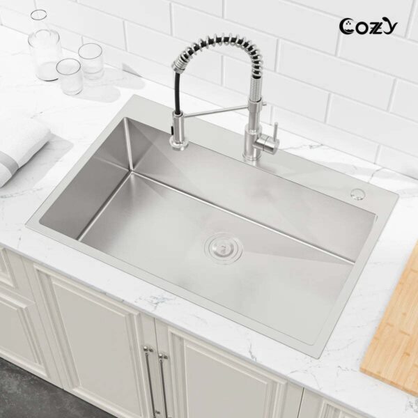 Stainless Steel Kitchen Sink, 33″x22″ Single Bowl, Overmount Handmade Sink in Black, with US Standard Drain and Hook,SS-BL02D-332212