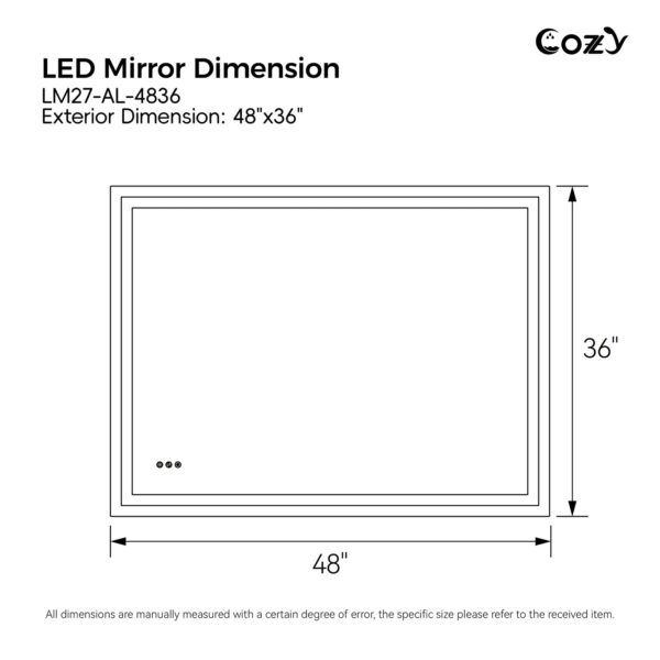 48" x 36" LED Bathroom Vanity Mirror – Wall-Mounted, Dimmable, Anti-Fog, Tempered Glass