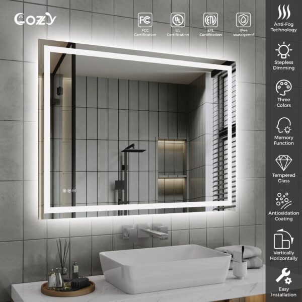 48" x 36" LED Bathroom Vanity Mirror – Wall-Mounted, Dimmable, Anti-Fog, Tempered Glass