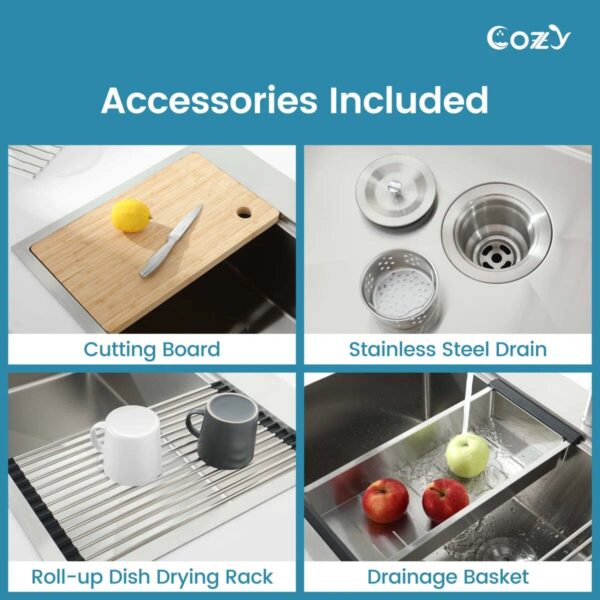 Stainless Steel Kitchen Sink, 30″x22″ Single Bowl, Overmount Handmade Sink in Black, with Cutting Board, Colander, SS-BR01D-302208