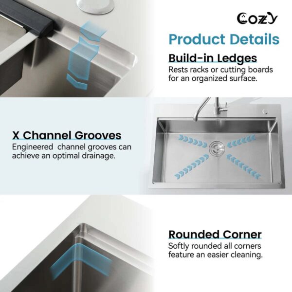 Stainless Steel Kitchen Sink, 30″x22″ Single Bowl, Overmount Handmade Sink in Brushed, with Cutting Board, Colander, SS-BR01D-302208