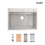 Stainless Steel Kitchen Sink, 30″x22″ Single Bowl, Overmount Handmade Sink in Black, with Cutting Board, Colander, SS-BR01D-302208