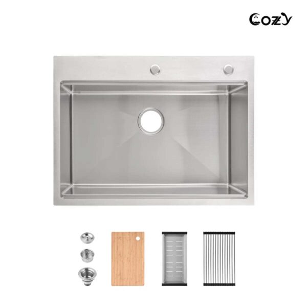 Stainless Steel Kitchen Sink, 30″x22″ Single Bowl, Overmount Handmade Sink in Black, with Cutting Board, Colander, SS-BR01D-302208