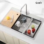 Stainless Steel Kitchen Sink, 30″x22″ Single Bowl, Overmount Handmade Sink in Black, with Cutting Board, Colander, SS-BR01D-302208