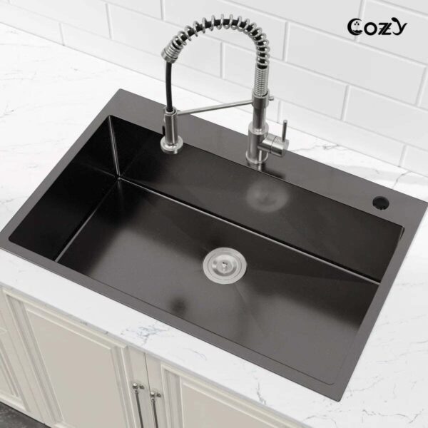 Stainless Steel Kitchen Sink, 33″x22″ Single Bowl, Overmount Handmade Sink in Black, with US Standard Drain and Hook,SS-BL02D-332212