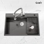 Stainless Steel Kitchen Sink, 30″x22″ Single Bowl, Overmount Handmade Sink in Black, with Cutting Board, Colander, SS-BR01D-302208