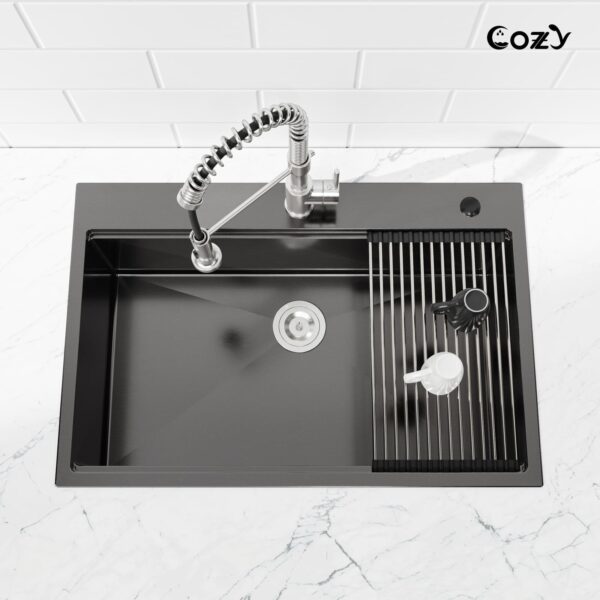 Stainless Steel Kitchen Sink, 30″x22″ Single Bowl, Overmount Handmade Sink in Black, with Cutting Board, Colander, SS-BR01D-302208