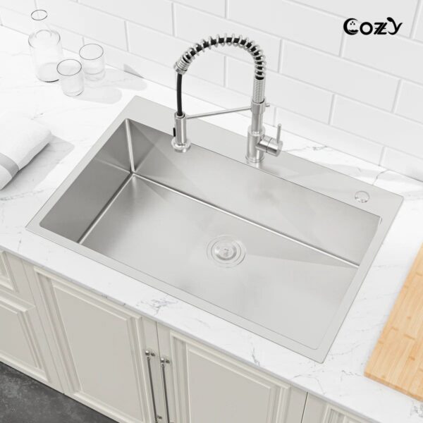 Stainless Steel Kitchen Sink, 33″x22″ Single Bowl, Overmount Handmade Sink in Black, with US Standard Drain and Hook, SS-BR02D-332212