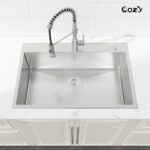 Stainless Steel Kitchen Sink, 33″x22″ Single Bowl, Overmount Handmade Sink in Black, with US Standard Drain and Hook, SS-BR02D-332212