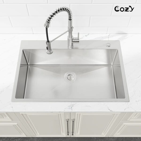 Stainless Steel Kitchen Sink, 33″x22″ Single Bowl, Overmount Handmade Sink in Black, with US Standard Drain and Hook, SS-BR02D-332212