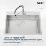 Stainless Steel Kitchen Sink, 33″x22″ Single Bowl, Overmount Handmade Sink in Black, with US Standard Drain and Hook, SS-BR02D-332212