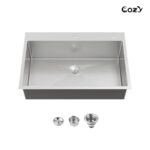 Stainless Steel Kitchen Sink, 33″x22″ Single Bowl, Overmount Handmade Sink in Black, with US Standard Drain and Hook, SS-BR02D-332212