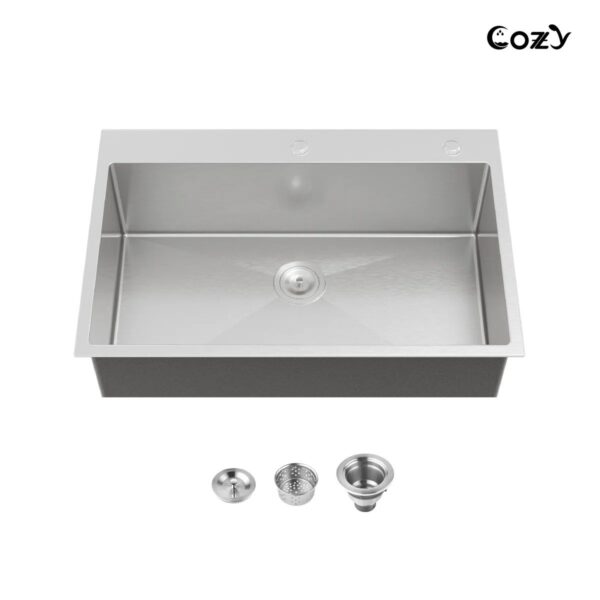Stainless Steel Kitchen Sink, 33″x22″ Single Bowl, Overmount Handmade Sink in Black, with US Standard Drain and Hook, SS-BR02D-332212