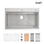Stainless Steel Kitchen Sink, 36″x22″ Single Bowl, Overmount Handmade Sink in Brushed, with Cutting Board, Colander, Grid, SS-BR01-362208