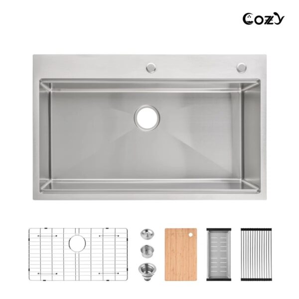 Stainless Steel Kitchen Sink, 36″x22″ Single Bowl, Overmount Handmade Sink in Brushed, with Cutting Board, Colander, Grid, SS-BR01-362208