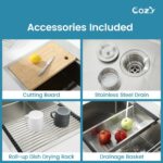 Stainless Steel Kitchen Sink, 36″x22″ Single Bowl, Overmount Handmade Sink in Brushed, with Cutting Board, Colander, Grid, SS-BR01-362208