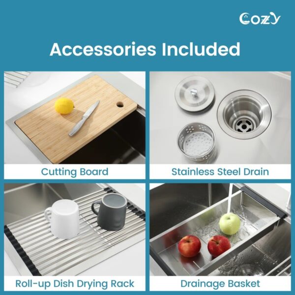 Stainless Steel Kitchen Sink, 36″x22″ Single Bowl, Overmount Handmade Sink in Brushed, with Cutting Board, Colander, Grid, SS-BR01-362208