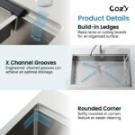 Stainless Steel Kitchen Sink, 36″x22″ Single Bowl, Overmount Handmade Sink in Brushed, with Cutting Board, Colander, Grid, SS-BR01-362208