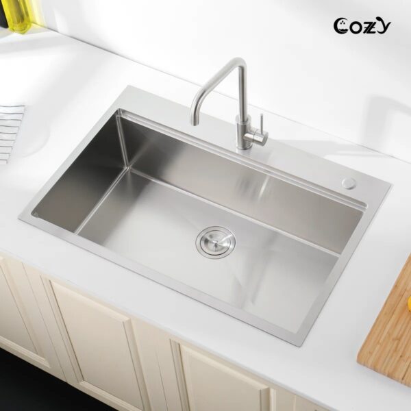 Stainless Steel Kitchen Sink, 36″x22″ Single Bowl, Overmount Handmade Sink in Brushed, with Cutting Board, Colander, Grid, SS-BR01-362208