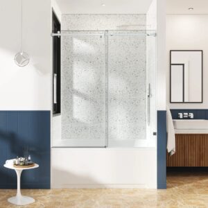 56-61" W x 60" H Frameless Single Sliding Tub Door with 3/8" (10mm) Clear Tempered Glass, Shatter-Resistant Film