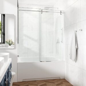 56-61" W x 60" H Frameless Single Sliding Tub Door with 3/8" (10mm) Clear Tempered Glass, Shatter-Resistant Film