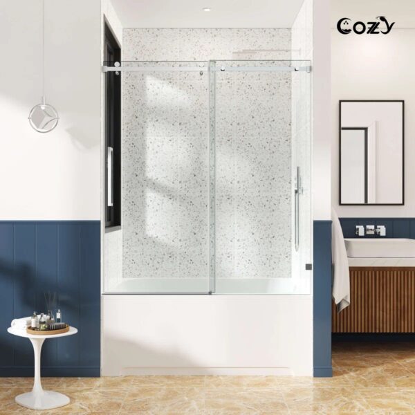 68-73" W x 66" H Frameless Single Sliding Tub Door with 3/8" (10mm) Clear Tempered Glass, Shatter-Resistant Film