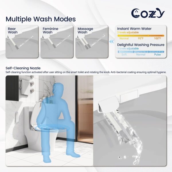 COZY Electric Elongated Bidet Toilet Seat with Self-Cleaning Dual Nozzle